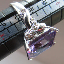 Load image into Gallery viewer, Pretty 9 CT White Gold Ring Set with an Emerald Cut Amethyst &amp; flanked with decorative diamond chips. Size N 1/2

