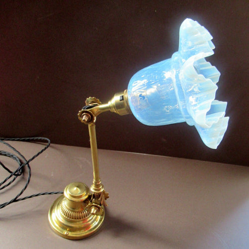 Antique Dugdills Art Nouveau Flower Desk Lamp with Antique Vaseline Shade