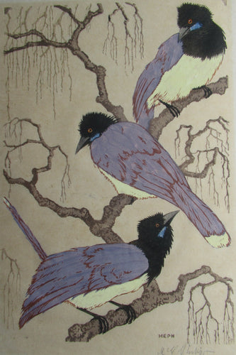 1920s Art Deco Colour Woodcut by Martin Erich Philipp. Crows Ravens