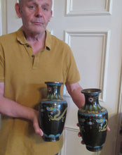 Load image into Gallery viewer, Vintage Cloisonne Dragon and Flaming Pearl Matched Pair of Vases
