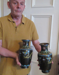 Vintage Cloisonne Dragon and Flaming Pearl Matched Pair of Vases