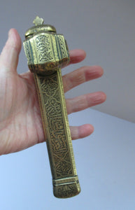 Antique Middle Eastern Travelling Brass Scribe. Beautifully Engraved Pen Case with Attached Ink Well