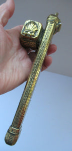 Antique Middle Eastern Travelling Brass Scribe. Beautifully Engraved Pen Case with Attached Ink Well