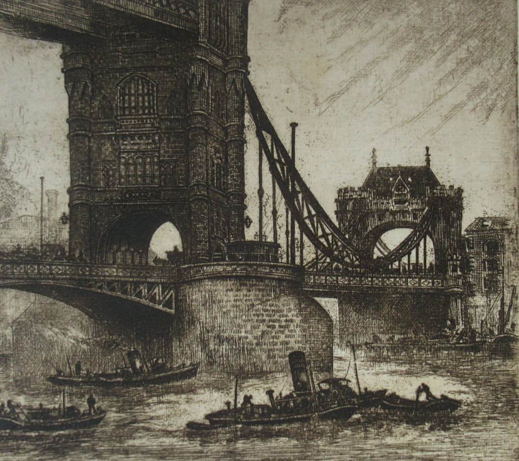 Original Etching from the Tower Bridge Looking to the South Bank, London by Wyllie