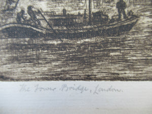 Original Etching from the Tower Bridge Looking to the South Bank, London by Wyllie