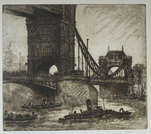 Original Etching from the Tower Bridge Looking to the South Bank, London by Wyllie
