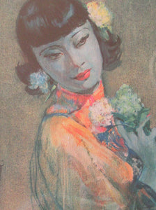 cc beall Japanese Girls Bunch of Flowers Vintage Print