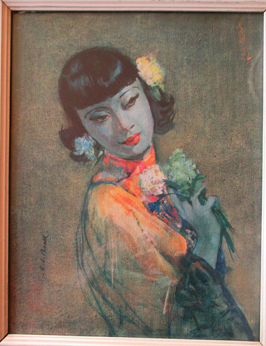 cc beall Japanese Girls Bunch of Flowers Vintage Print 