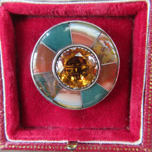 Load image into Gallery viewer, Antique SCOTTISH VICTORIAN SILVER &amp; Agate Hardstone Brooch or Pin. Old Red Leather Box
