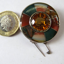 Load image into Gallery viewer, Antique SCOTTISH VICTORIAN SILVER &amp; Agate Hardstone Brooch or Pin. Old Red Leather Box
