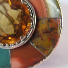 Load image into Gallery viewer, Antique SCOTTISH VICTORIAN SILVER &amp; Agate Hardstone Brooch or Pin. Old Red Leather Box
