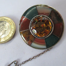 Load image into Gallery viewer, Antique SCOTTISH VICTORIAN SILVER &amp; Agate Hardstone Brooch or Pin. Old Red Leather Box
