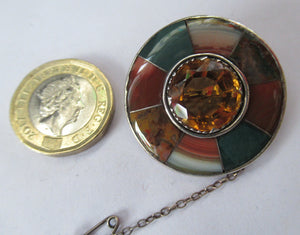 Antique SCOTTISH VICTORIAN SILVER & Agate Hardstone Brooch or Pin. Old Red Leather Box