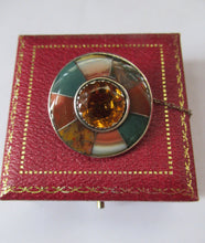 Load image into Gallery viewer, Antique SCOTTISH VICTORIAN SILVER &amp; Agate Hardstone Brooch or Pin. Old Red Leather Box
