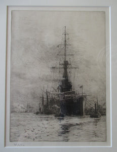 ORIGINAL ETCHING: William Lionel Wyllie (1851 – 1931) HMS Orion. Pencil Signed 