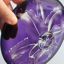 Load image into Gallery viewer, Scottish Studio Glass Amethyst Glass Shallow Bowl with Etching Lily Flower Julie Linstead
