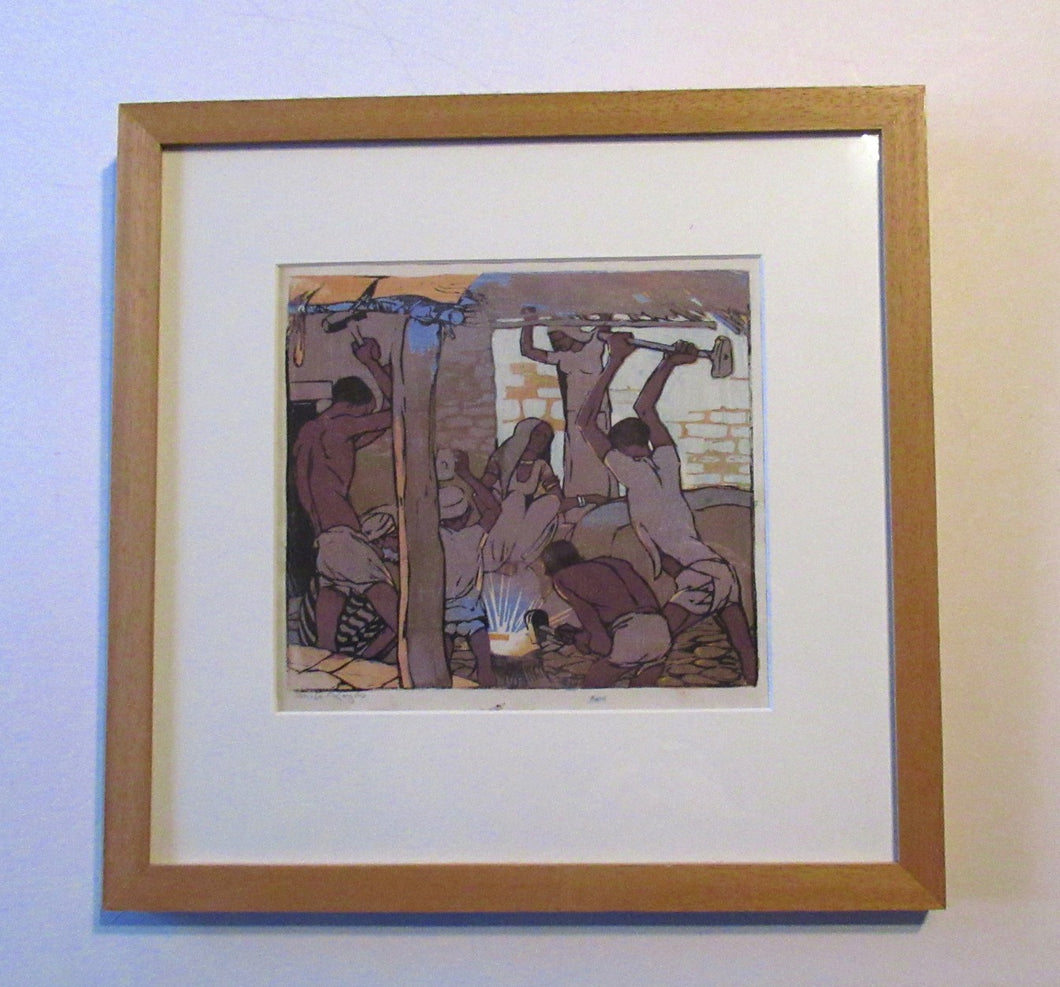 1920s Mabel Royds Colour Woodcut The Forge, India