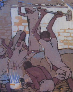 1920s Mabel Royds Colour Woodcut The Forge, India