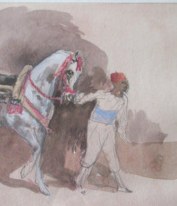 Antoine de la Boulaye Oriental Horseman Leading a White Horse or Stallion Signed