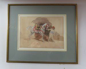 Antoine de la Boulaye (b. 1951). Watercolour Drawing of an Oriental Horseman Leading a White Arab Stallion. Signed in Pencil