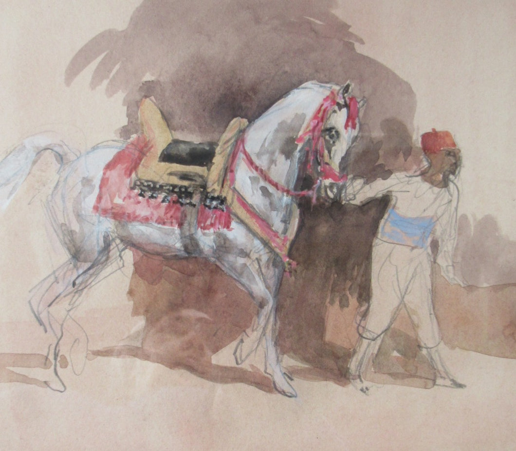 Antoine de la Boulaye Oriental Horseman Leading a White Horse or Stallion Signed