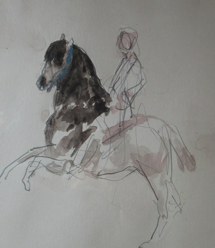 Antoine de la Boulaye Vintage Drawing of a Man on a Horse. Signed in Pencil. Contemporary French Art
