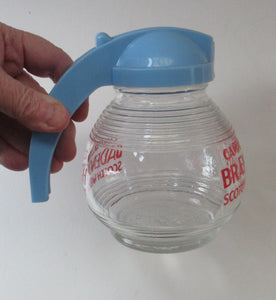 1950s Glass Flask with Blue Bakelite Lid & Handle. BRAEMAR Whisky Advertising