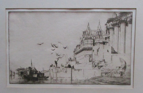 Lumsden Feeding the Birds Etching Temple on the River Ganges 1921 Signed