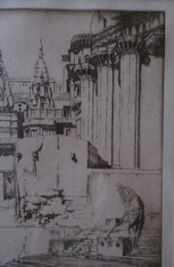 Lumsden Feeding the Birds Etching Temple on the River Ganges 1921 Signed
