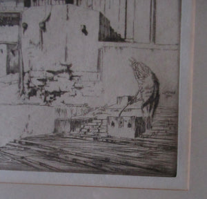 Lumsden Feeding the Birds Etching Temple on the River Ganges 1921 Signed