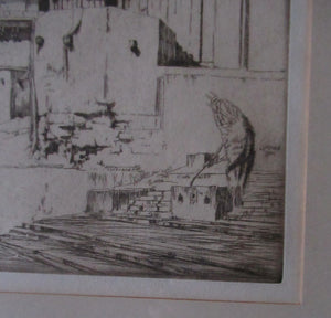 Lumsden Feeding the Birds Etching Temple on the River Ganges 1921 Signed