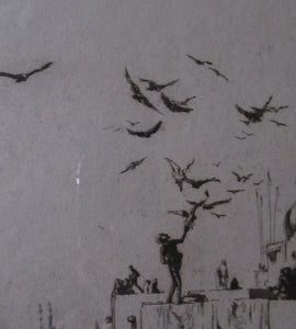Lumsden Feeding the Birds Etching Temple on the River Ganges 1921 Signed