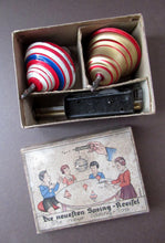 Load image into Gallery viewer, ANTIQUE 1920s German Tin Plate Pair of Spinning Tops. Complete in Original Box
