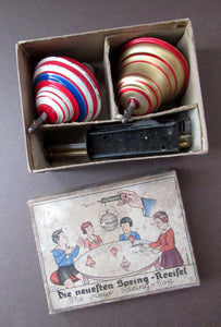 ANTIQUE 1920s German Tin Plate Pair of Spinning Tops. Complete in Original Box