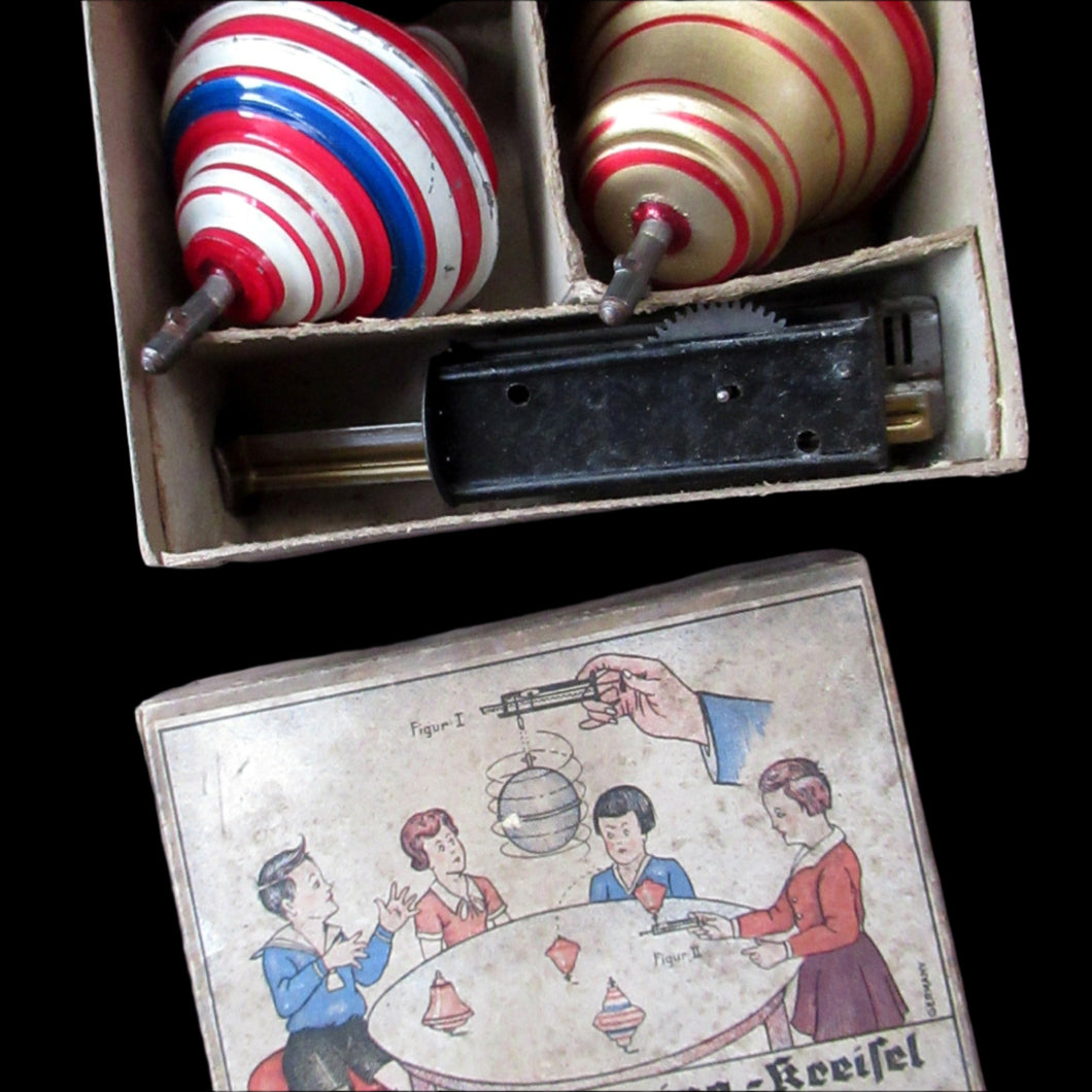 ANTIQUE 1920s German Tin Plate Pair of Spinning Tops. Complete in Original Box