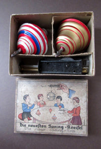 ANTIQUE 1920s German Tin Plate Pair of Spinning Tops. Complete in Original Box