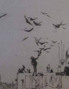 Lumsden Feeding the Birds Etching Temple on the River Ganges 1921 Signed