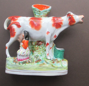 Unusual Antique Staffordshire Cow and Milkmaid Spill Vase and Milk Jug