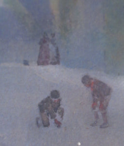 Strange 1890s VICTORIAN Watercolour by Thomas Carleton Grant. Two Boys Playing Marbles in a Village Square