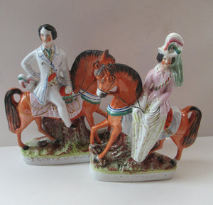 Equestrian Figurines. 1860s Staffordshire Pottery. Pair Edward VII and Princess Alexandra
