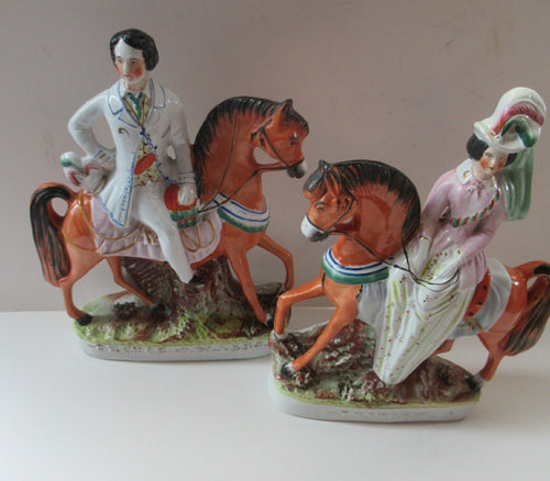 Equestrian Figurines. 1860s Staffordshire Pottery. Pair Edward VII and Princess Alexandra