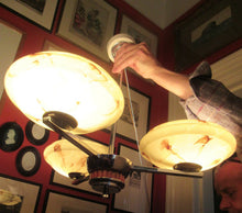 Load image into Gallery viewer, Vintage 1930s Art Deco Pendant Light Fitting. Chrome, Bakelite and Three Glass Shades
