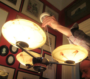 Vintage 1930s Art Deco Pendant Light Fitting. Chrome, Bakelite and Three Glass Shades