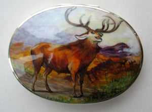 Vintage Solid Silver Box with Unique Enamels Painting of Stag in Scottish Highlands