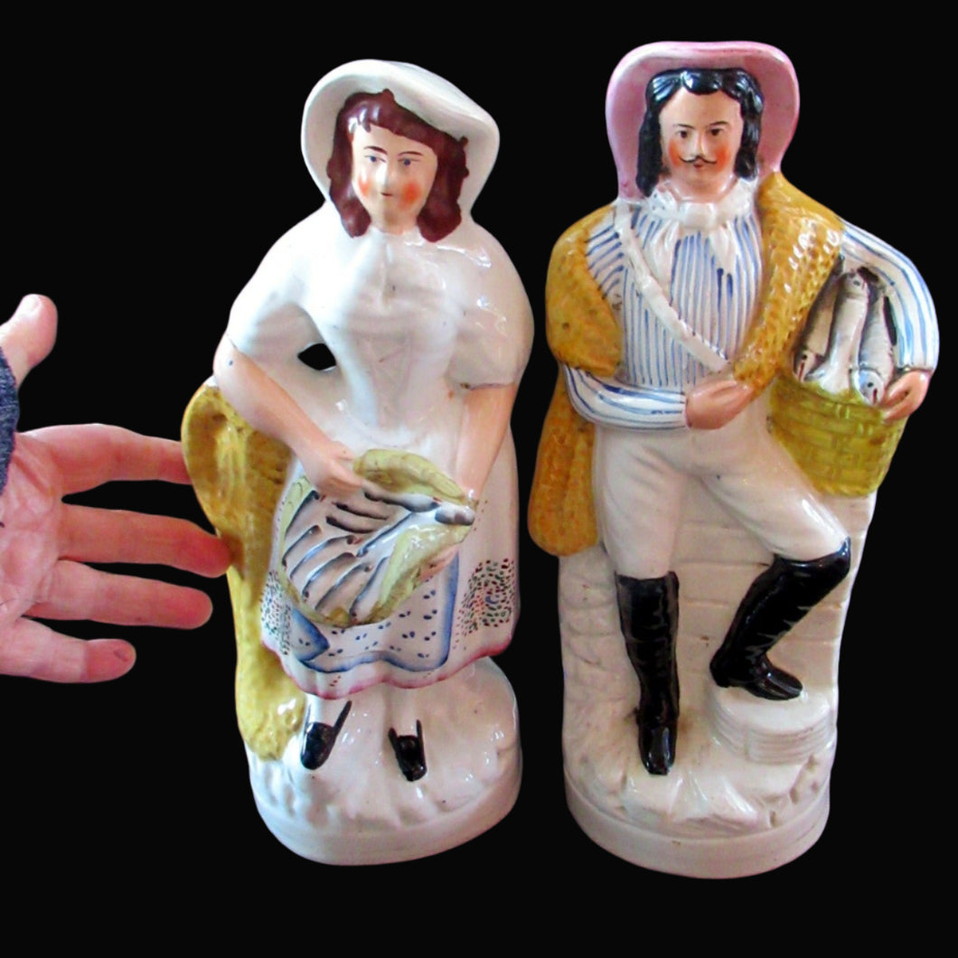 Pair of Victorian Antique Staffordshire Figures: Fishwife and Fisherman. Matched Pair