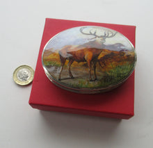 Load image into Gallery viewer, Vintage Solid Silver Box with Unique Enamels Painting of Stag in Scottish Highlands
