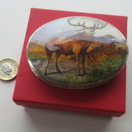 Vintage Solid Silver Box with Unique Enamels Painting of Stag in Scottish Highlands