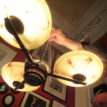 Load image into Gallery viewer, Vintage 1930s Art Deco Pendant Light Fitting. Chrome, Bakelite and Three Glass Shades
