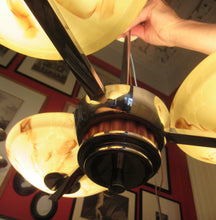 Load image into Gallery viewer, Vintage 1930s Art Deco Pendant Light Fitting. Chrome, Bakelite and Three Glass Shades
