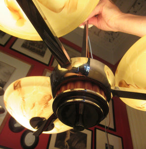Vintage 1930s Art Deco Pendant Light Fitting. Chrome, Bakelite and Three Glass Shades